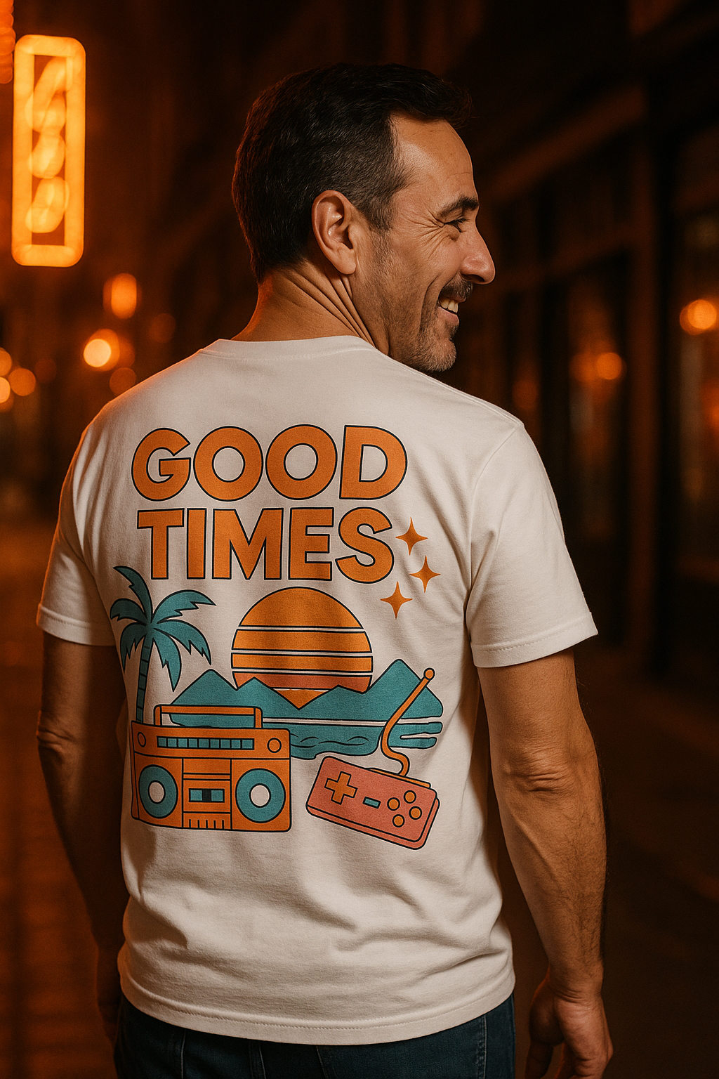 Recuerdos de los 80 y 90, Camiseta con impresión trasera de atardecer, palmeras y estilo retro que evoca la mejor era de la Generación X
