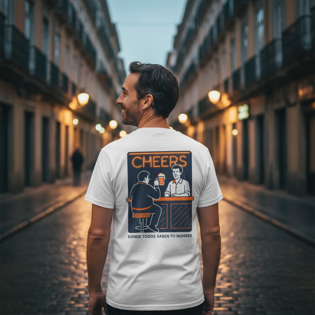 Camiseta Cheers, T-Shirt de Bar Vintage, Estilo Retro España, Diseño Nostálgico Generación X